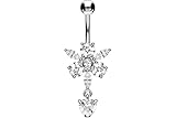 PIERCINGLINE Piercing de ombligo de titanio con diseño de plata 925 COLGANTE FLOR DE CRISTAL + CORAZÓN Color plata banana selección de color bananabell