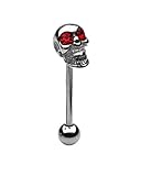 Barra de acero quirúrgico para piercing en la lengua, con forma de calavera y joyas decorativas rojas en los ojos, 1,6 mm de diámetro x 16 mm de largo