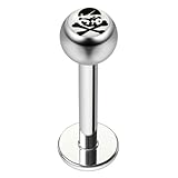 AZARIO LONDON Piercing para labio de acero quirúrgico 316L con diseño de calavera con logotipo de calibre 16, piercing para labio, piercing para labio, 12mm Length, Bola con logotipo, No es una piedra
