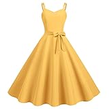 Vestidos de Cóctel para Mujer, Vestido Elegante para Mujer Color Sólido Cintura Alta Cuello en V de Fiesta Cóctel Rockabilly Clásico Vestido Corto Mujer Retro Años 50 Vintage(#034 Yellow,S)