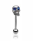 Calavera de Acero Quirúrgico barra de lengua/Barbell con color azul CZ Gem ojos – 1,6 mm (calibre 14) X 16 mm