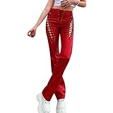 ORANDESIGNE Pantalones de Cuero Sintético para Mujer de Cintura Alta Sexy Pantalones de Cuero Imitación Góticos Punk Y2K Streetwear Pantalones Recto de Ajuste Delgado Ropa de Club B Rojo S