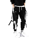 Pantalones deportivos de hip hop para hombre, holgados, estilo punk de secado rápido, pantalones cargo cargo con cordón elástico en la cintura, Negro, M