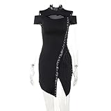 New Dark Punk Vestidos con Hombros Abiertos Y2K Vintage Mall Gothic Grunge Grommet Straps Dress Cut out Lace Up Streetwear-Black,L