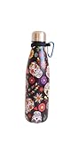 Botella térmica 500ml con tapa y gancho, acero inoxidable. Estilo calaveras mexicanas.