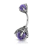 CM Crareesi Mania Piercing para ombligo de acero quirúrgico de 14 g, con garras de dragón, con piedra natural, Acero inoxidable, piedra natural, amatista, acero, piedra