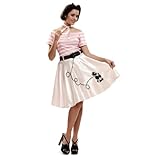 My Other Me - Disfraz Años 50 mujer, talla M-L. Incluye vestido con blusa rosa de rayas y falda blanca con estampado de perrito, cinturón negro ancho y pañuelo. A bailar.