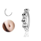 ZS Piercing de ombligo de plata de ley 925 con diseño de calavera de 14 g para mujer, piercing de ombligo curvado inverso, joyería corporal, Plata de ley, No es una piedra preciosa