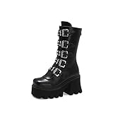 D-YPING Winter Gothic Punk Botas de plataforma para mujer Negro Hebilla Correa Cremallera Creeper Cuñas Zapatos Mediados de la pantorrilla Botas militares de combate