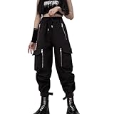 MEINVQIAOTI Pantalones de Carga Negros para Mujer, Pantalones de Cadena Sueltos, Pantalones góticos Punk con múltiples Bolsillos con Cremallera múltiple(Negro,M)