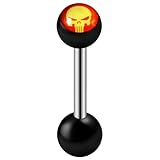 AZARIO LONDON Piercing para lengua con logo de calavera en bola negra UV con barra recta de acero inoxidable calibre 14, 19mm Length, acrílico UV, No es una piedra preciosa