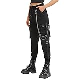 MEINVQIAOTI Techwear - Pantalones de Carga Negros para Mujer, Estilo Rock de Calle Suelto, Pantalones Negros Casuales con Cadena gótica, Negro, Medium