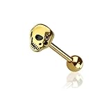 BlackAmazement Piercing para lengua de acero inoxidable 316L, diseño de calavera, punk, color plateado y dorado, Acero inoxidable