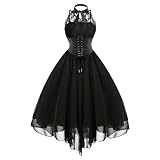 Vestidos de Fiesta góticos Punk para Mujer, Vestido Negro sin Mangas con Espalda Cruzada y Panel de Encaje Retro, Vestido con Vuelo y corsé para Mujer-Vestido gótico negro-4XL