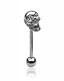 Barra de lengua con calavera de acero quirúrgico con ojos de circonita cúbica transparente, 1,6 mm (calibre 14) x 16 mm