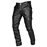 Cicilin Hombre Pantalones de Imitación Cuero Pantalones Moto Slim Fit Cuero Simil Cargo Pantalones (sin Cinturón), Negro , M