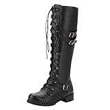 PAIDAXING Botas altas hasta la rodilla para mujer, retro, punk, media pantorrilla, con cordones, de piel, con hebillas, cremallera, vintage, gótico, tacón bajo, militares, modernas, de combate,