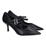 shoes&blues.es 88352 Zapatos de Salon para Mujer, Elegantes y Comodos, Tacon y Puntera Fina, Versalites, Diseno Moderno con Tres Hebillas. Negro Talla 37