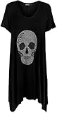 WearAll - Mujer Camiseta Calavera Caída Detalle en Lentejuelas Manga Corta - Negro - 48