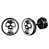 INFINIONLY Hombre Mujer Pendientes Calavera de Acero Inoxidable Mujer Pendientes Aros de Calavera Alfileres de Oreja de Rosca Joyas de Halloween, Negro