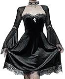 Maeau - Vestido Gótico Mujer Mini Vestido Vintage Punk Vestido con Mangas Acampanadas de Malla Ligeramente Transparente - Negro - L