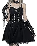 SEAUR Vestido gótico para mujer, corto, sexy, mini vestido de espagueti, vestido punk, vestido de fiesta, club, vestido de encaje, A01, M