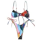 ZAFUL Bikini de tanga de corte alto para mujer, con lazo, color block - - X-Large