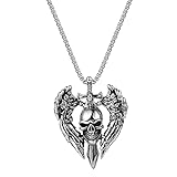 Flongo Cadena para hombre, colgante de calavera de plata y acero inoxidable, collar con alas de ángel, gótico, punk, esqueleto, Halloween, decoración, regalo para hombres, Acero inoxidable