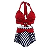 Viloree Conjunto de Bikini para Mujer Traje de Baño Elegante con Cuello Halter Conjunto de Bikini Vintage 2 Piezas Cintura Alta para Mujer Pantalones Cortos de Color Rojo y Azul XL