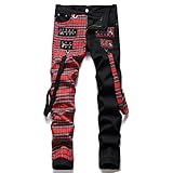 Pantalones Vaqueros Punk para Hombre, Ropa de Calle A La Moda, A Cuadros Escoceses, Remaches, Empalmados, Ajustados y Rectos,Black Red,34