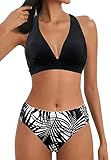 Mujer Traje de Baño de Dos Piezas Push-up Cuello en V Bañador Cintura Media Correas Laterales del Bikini Set Estampado Ropa de Playa Traje de Baño(Negro/Hoja,M)