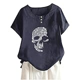 Masrin Camiseta informal de verano para mujer, diseño de calavera, cuello en V, manga corta, suelta, talla grande, blusa holgada, túnica