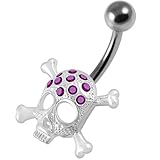 AZARIO LONDON Piercing para ombligo de plata de ley con diseño de calavera de hueso, piedras preciosas de cristal y acero inoxidable, 14 Gauge - 10mm Length, Acero quirúrgico 316L Piedras preciosas de