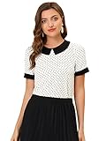 Allegra K Blusa Camisa Camiseta de Lunares de Manga Corta con Cuello Peter Pan de Verano para Mujer Blanco S