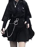 ORANDESIGNE Traje Punk Mujer Niña Negro Gótico Shirt Larga de Manga Corta Camisa Corta de Manga Larga Falda Plisada Corta Traje 2 Piezas Vestido Corto Primavera Otoño Verano C Skirt M
