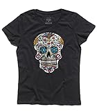 3styler Camiseta de mujer con calaveras mexicanas - Mexican Skull - Traditional Tattoo Tatuaje Shirt - Línea Classic - 100% algodón 185 g/m², Negro , M