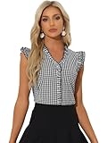 Allegra K Camisa de volantes para mujer, blusa de cuadros con cuello en V de los años 50, manga casquillo, Negro, M