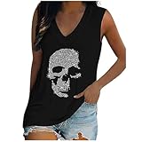 Genérico Camisetas de Tirantes Mujer con Estampado Calavera Lentejuelas Camiseta sin Mangas con Cuello en V Ligero y Elástico Camiseta de Tirantes Verano Tops Mujer Transpirables y Cómodos (Black, M)