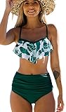 Bikinis Mujer Top con Volantes Braga de Color Liso Traje de Baño Cintura Alta Bañador Mujer Reductor Barriga Hoja Verde M