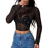 Camiseta de mujer con cuello alto pequeño y mangas largas y lentejuelas de malla camiseta calavera brillante mujer, Negro , M