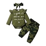 Conjunto de ropa para bebés y niñas pequeñas Conjunto de mono con estampado de letras y pantalones de camuflaje con diadema Conjunto de trajes de otoño Verde1 90 6-12 meses