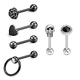 LAURITAMI Piercing Lengua Barra 16mm Acero Quirúrgico Barbell Recto Pendientes Pezón 14G Calavera Flor Cristal Negro Bolas Joyas