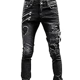 Jeans rasgados para hombre, elásticos, clásicos, desgastados, pierna cónica, pantalones de mezclilla de trabajo, con cremallera, correa de hebilla, estilo hip hop, gótico, punk, ajustados, para