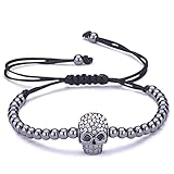 Unendlich U Pulsera de cuentas para hombre mujer, Pulsera cráneo con circonita con cadena cuerda de algodón, Color de negro