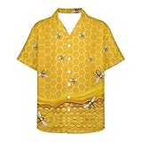 PinUp Angel Camisa de bolos vintage de manga corta con botones para hombre, camisa hawaiana de playa, verano, ajuste regular, Abeja Miel Amarilla, Small