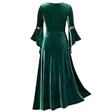 LOSSLO Vestido largo para mujer, gótico, vendaje de terciopelo, retro, vintage, punk, estilo victoriano, medieval, vestido de manga larga, venda dorada, terciopelo, verde, L
