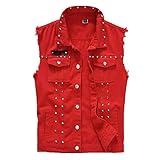 Chaleco Vaquero con Remaches para Hombre Chaleco de Motociclista Vintage Chaqueta de Vaquero sin Mangas con Solapa a la Moda Chaleco Rojo