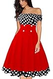 AXOE Mujer Vestidos Rockabilly Años 50 Pin up Hombros Descubiertos con Botones Rojo con Negro Lunares Blancos, Talla 46, 3XL