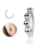 ZS Piercing de ombligo de plata de ley 925 con diseño de calavera de 14 g para mujer, piercing de ombligo curvado inverso, joyería corporal, Plata de ley, No es una piedra preciosa