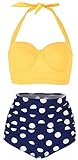 ChayChax Mujer Bikinis de Dos Piezas Conjuntos Retro Polka Punto Traje de Baño Cintura Alta, Amarillo + Punto Azul, Talla XL